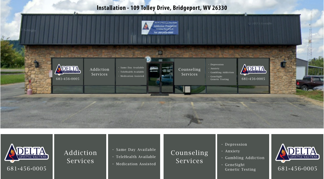 A single-story building with a sign reading "Delta Lifestyle Solutions" offers opioid addiction treatment and counseling services, including Suboxone Addiction Treatment, at 109 Tolley Drive, Bridgeport, WV. Call 681-456-0005.